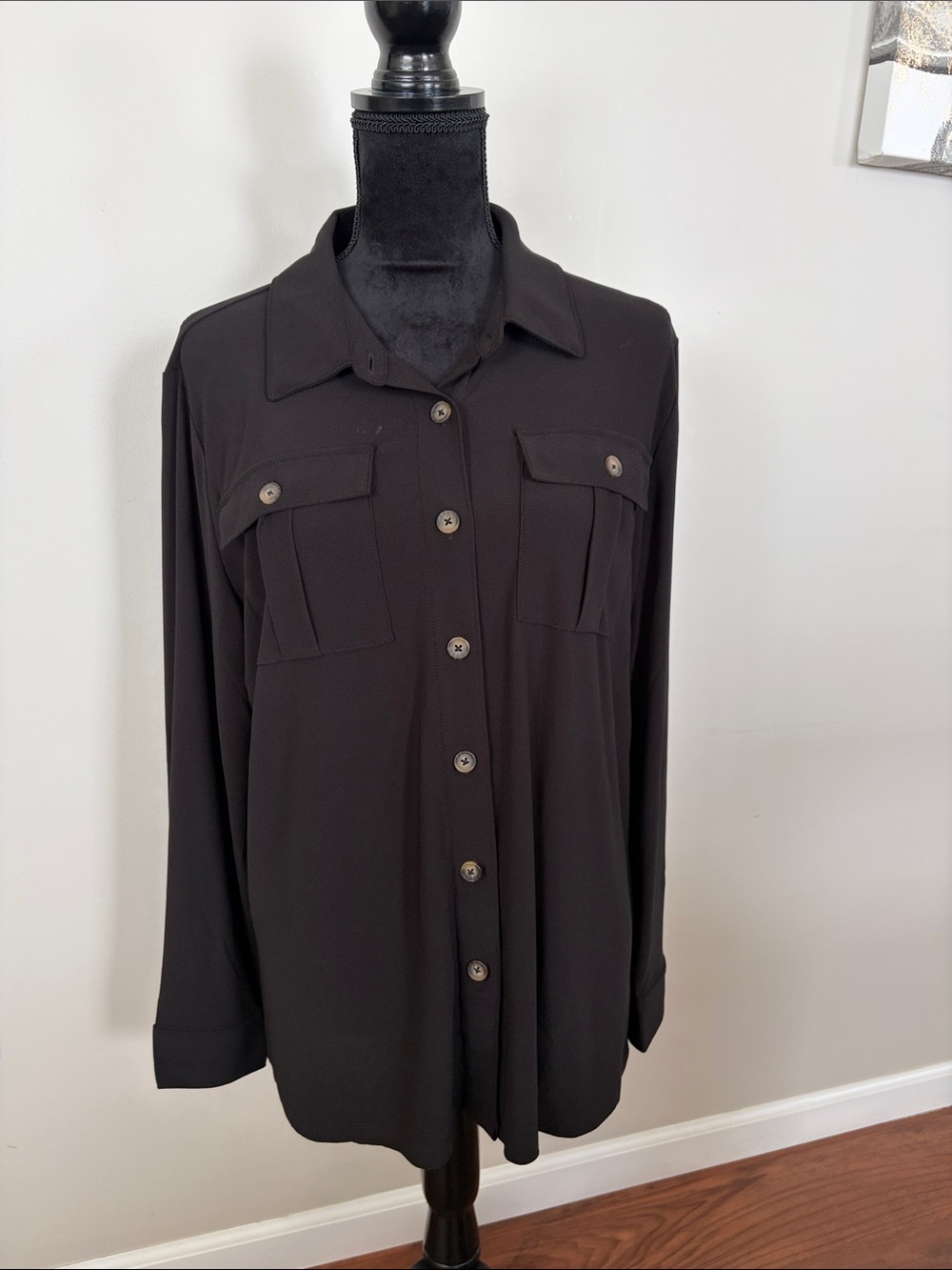Attitudes by Renee Black Utility Button-Front Blouse